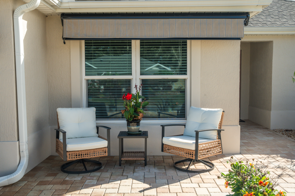 Patio motorized awning putty colored Awning-SemiCassette-Crossarm-