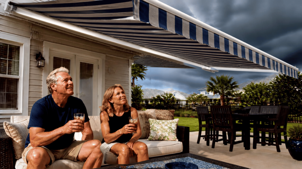 couple smiling under retractable awning in storm