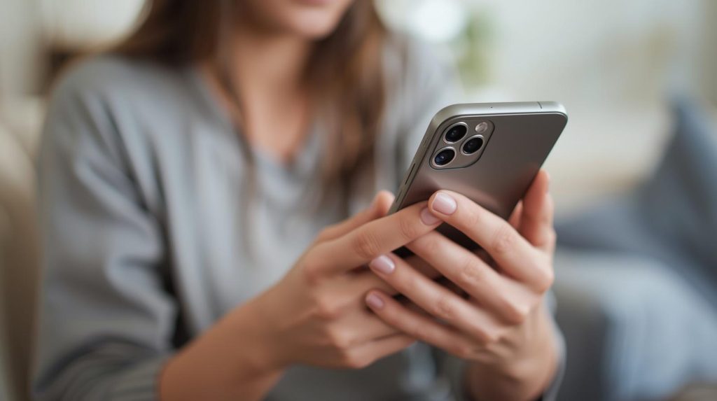 A person with long hair wearing a gray top is holding and using a smartphone with both hands, focusing on the screen. Scheduling an appointment with Shade And Storm.