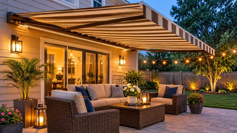 Retractable awning extended over a backyard patio with outdoor seating and lighting at dusk