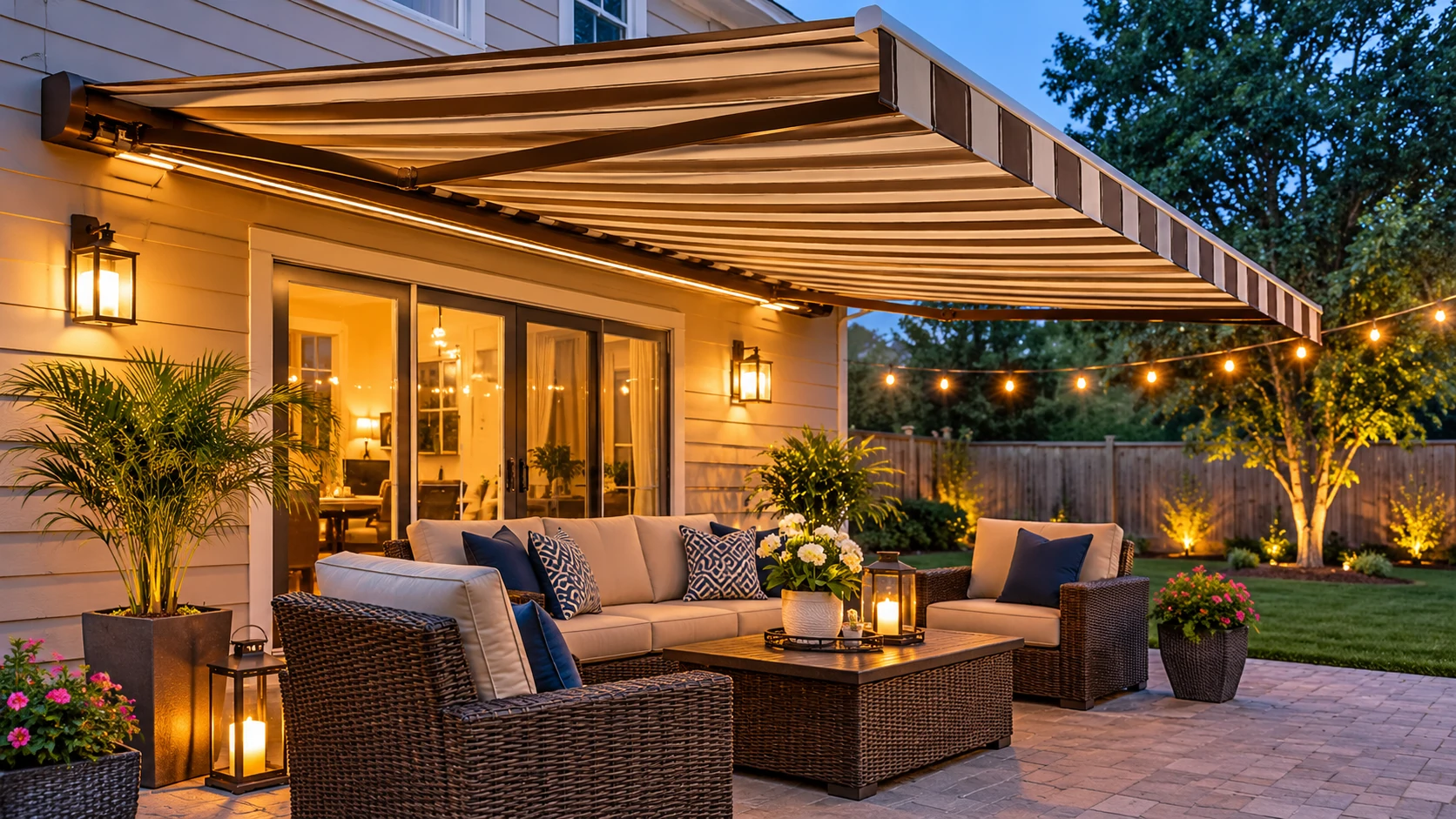 Retractable awning extended over a backyard patio with outdoor seating and lighting at dusk