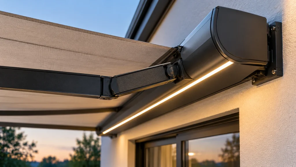 Close-up of a retractable awning arm and cassette housing with built-in LED lighting